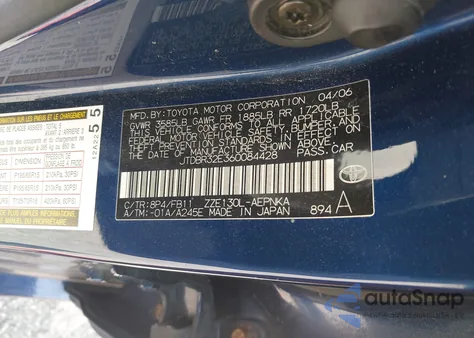 2006 Toyota Corolla Le z USA, uszkodzony, nr VIN JTDBR32E360084428